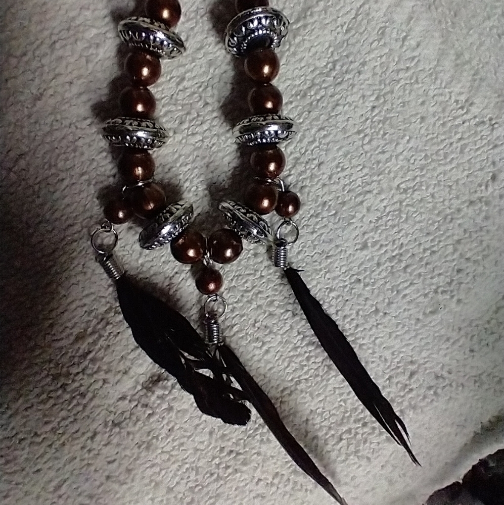 Long brown 🟤 black 🖤 beaded feather 🪶 leather cord necklace earrings set